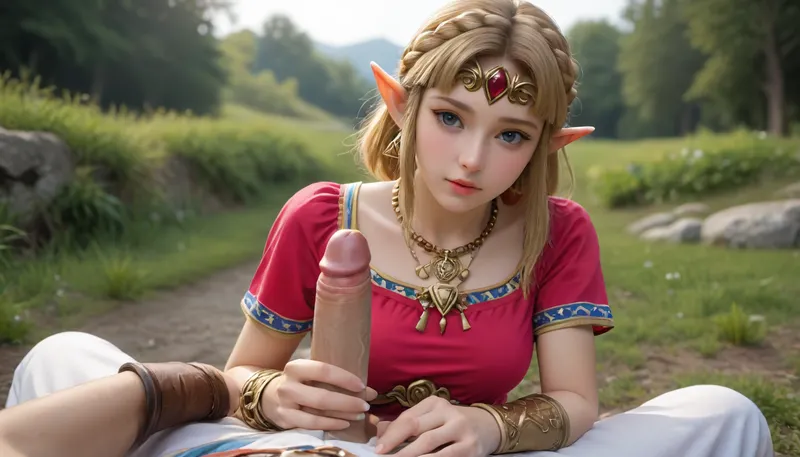 8k UHD, award winning photograph Princess Zelda taking off her clothes for a white man with a large penis, (Zelda:1.5), male POV, natural breasts, good anatomy, big breasts, perfect face, male sitting with Princess Zelda in front of him taking off her clothes, outside, shiny skin, zelda_a, long, hair, blond, pointy, ears, blue, eyes, circlet, pink, dress, short, sleeves, jewelry, bracer, bead, necklace, <lora:ゼルダ姫 Princess Zelda (The Legend of Zelda)_XL:2>