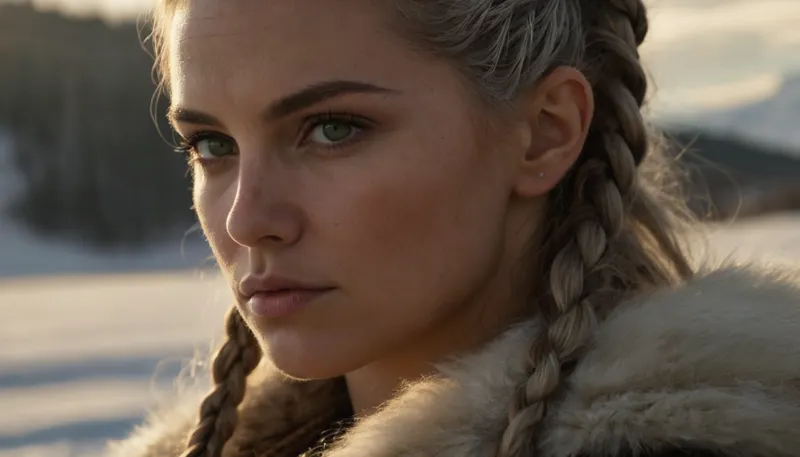 Masterpiece, realistic photography, ultra-realistic, detailed body, detailed face, realistic body, realistic face, green eyes, detailed eyes, realistic eyes angelic face, viking warrior, viking woman hairstyle, 30 years, viking braid, silver hair, serious look, look away, 3/4 view, side view, face slightly turned, towards the horizon, snowy landscape, background, peaceful face, fur hood, hood put on, woman, viking, viking outfit, realistic outfit, war painting, close-up face, cinematic blur, background blur, large format