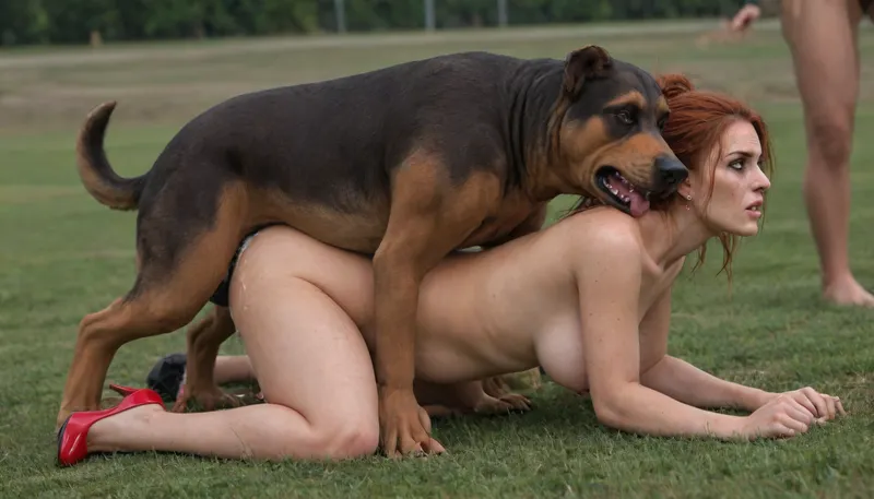 beauty obese redhead female, gorgeous large breasts, rounded ass, perfect eyes, ponytail, bright makeup, high heels, all fours, lawn, (rape by big dog:1.8), (covered cum:1.3), side view