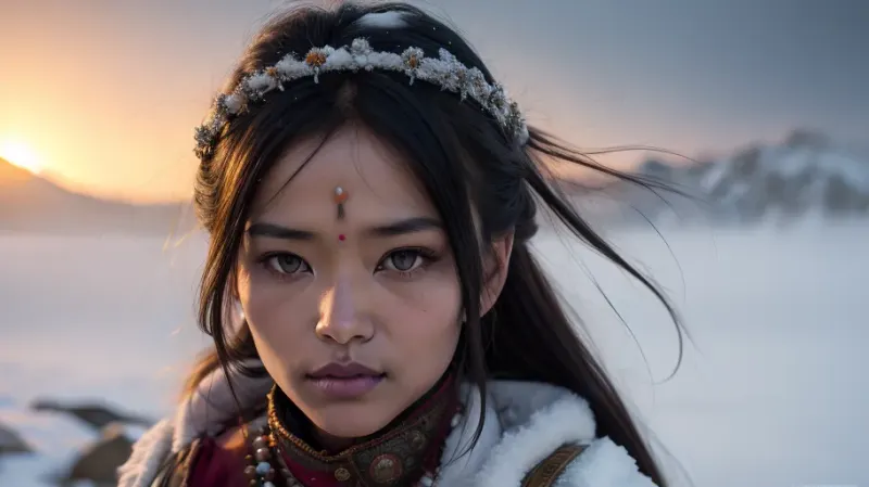 nano shot, A beautiful slender adult Bhutanese woman in traditional clothing, jewelry and war paint. she across a snow-covered pasture plateau. yak, holding, colorful. She has a pretty coquettish faded face, elaborate hairstyle, small breasts, detailed crystal eyes, light glowing irises, heartshaped lips, lip gloss, aroused skin, exhales, sunset, long shadows, ground fog, native and cold mood, detailed photo, photorealistic photo, realistic pretty women photo, night vision, autofokus, parallax, overexposure, #©KITTYART




































#©KITTYART