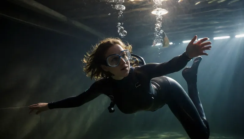In loft, professional photography, high quality, artistic, soft, chiaroscuro, ((very contrasting light)), romantic atmosphere, a beautiful woman diver 25 year old, swimming underwater, diving suit, showing nipples, showing pussy, diving fins, diving mask, fish and bubbles around, hairy pussy, great, lighting, zavy-rmlght, <lora:add-detail-xl:2>, <lora:great_lighting:2>, <lora:zavy-rmlght-sdxl:2>