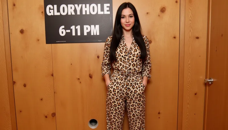 A woman is wearing, (a leopard-printed jumpsuit), she has long black hair, in front of a wooden wall. On the wall hangs a poster with text printed in large letters "GLORYHOLE 6-11 PM". Under the poster is a small round hole in the wall.