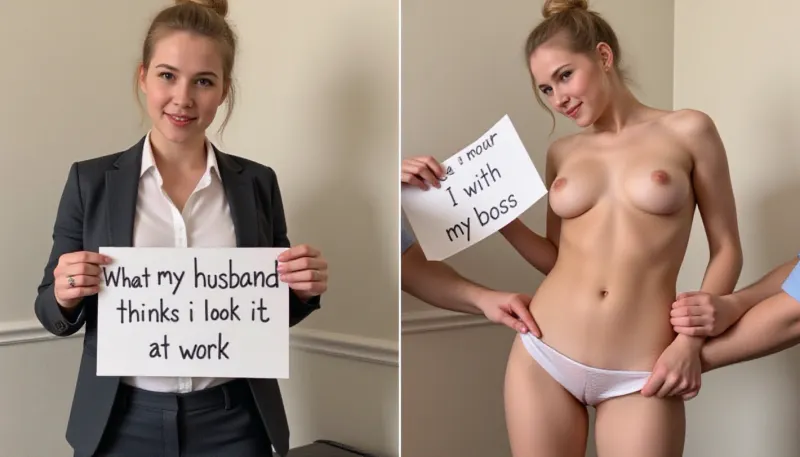 side-by-side two pictures of a young Swedish, petite, woman, blonde hair in a bun on top of her head, standing in an office, wearing a wedding ring. On the first picture on the left she wears a formal pantsuit, and holds a handmade sign with text "What my husband thinks I look like at work". On the second picture on the right she is half naked, exposing a breast groped by a man, a mans fingers in her underwear and holds a handmade sign with text "with my boss".