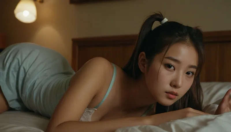 Seductive 22-year old Korean college girl laying in her bed in her college dorm and she is masturbating, she is not wearing any panties, her hair is in two short ponytails, quarter cup bra, QuarterCup, <lora:236276_training_data:.8>
