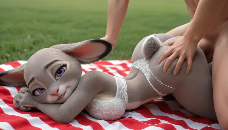 outdoor picnic scene is only of cartoon anthro animated furry yiff judy hopps with massive boobs in tiny white laced lingerie tight to her body laying on her stomach, judy hopps large ass is the primary focus of the scene with her anus peeking behind her g string lingerie, judy hopps has a thirsty for sex look with her mouth open, no cum is in the scene but she wants cum, judy hopps is on a large picnic blanket ready for sex with her ass cheeks in the air, judy hopps with massive side boobs in white lingerie is laying on her stomach with her ass in the air. Juddy hopps is face down and ass up, Only judy hopps is in this scene, no human or additional character, judy hopps is lying on her stomach, judy hopps has massive GGG tits, massive tits, must have massive tits, furry yiff cartoon e621 animated judy hopps with gigantic tits, judy hopps face must be visible, perfect ears, use AI to make Judy hopps have massive tits, make sure judy hopps ears are facing correct way, no backwards ears, judy hopps has massive side boobs visible, Judy has seductive naughty facial expression, judy must be biting her lip seductively, larger tits, massive massive gigantic tits on judy hopps, HUGE TITS, HUGE SIDE BOOBS, JUDY HOPPS BITING LIP IN PLEASURE