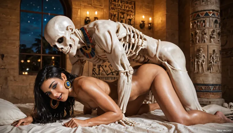 masterpiece, high resolution, ultra detailed, 8k, Night, Museum of Ancient Egypt, wall decorated with Egyptian bas-reliefs and hieroglyphs, ((two skeletons having sex in a doggy-style position)), super detailed photorealistic image, full body view view, 8K quality., skeleton, <lora:sdxlSkeletonLora:.8>