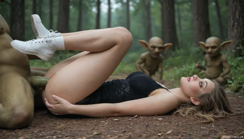 masterpiece, 8K quality, Dark Forest, Night, Little Black Bed, beauty 18 years old Russia girl, blond long Hair, hourglass figure, Normal Natural breasts, sweet round ass, perfect eyes, Black Long Beauty dress, White Sneaker, on the Ground, Goblin, (Fucked by Goblin:1.2), (Green knotted veins dick), Side View, View from far away, Missionar, on Back
