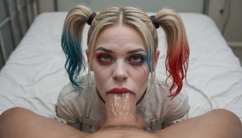 (Harley Quinn), (restrained by white straitjacket:1.4), (drugged face:1.8), (wet huge dick:1.4), (extreme oral sex:1.4), (pov), (mental hospital room)