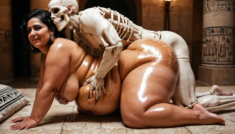 masterpiece, high resolution, ultra detailed, 8k, Night, Museum of Ancient Egypt, wall decorated with Egyptian bas-reliefs and hieroglyphs, ((two skeletons having sex and groping a beautiful, fat, obese, love handles, wide hips, little cellulit, overfed, fat rolls belly, wobbly ass, oiled, body, fat double chin face, overweight milf)), super detailed photorealistic image, full body view view, 8K quality., skeleton, <lora:sdxlSkeletonLora:.8>, on all fours-side view