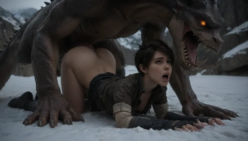 snow mountains, snow, hd, 32k, ultra shaders, tracer from overwatch, tracer cosplay, (small ass), (small body), (small breasts), (raped by huge dragon:1.1), monster, torn, torn clothes, ripper clothes, anal, vaginal, mouth, (big massive dragoncock is bigger than a man), (enlarged gaping rectum), (hardcore deep penetration), dragon angry face, dragoncock full inside, (The dragon holds her with his paws and fucks her), (tears in eyes), big eyes, tears, (Screaming:1.1), scream, highly realism Realistic, button nose, dragon, classic, exotic, dark, chiaroscuro, low-key, <lora:add-detail-xl:1.1>, <lora:FF.102.colossusProjectXLSFW_49bExperimental.LORA:1.4>, <lora:dark:1.8>, <lora:Classic Western Dragons XL:.8>, <lora:zavy-cntrst-sdxl:1.1>