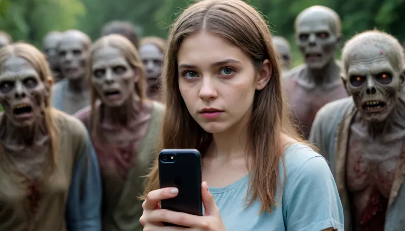 The girl took a photo with the zombies with her phone