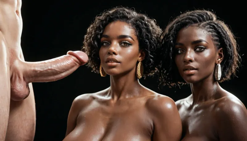 white man, short straight black hair, showing his huge 35 inch masive penis to two naked curvy black african women, his penis is very hard, erection. black room, black background.