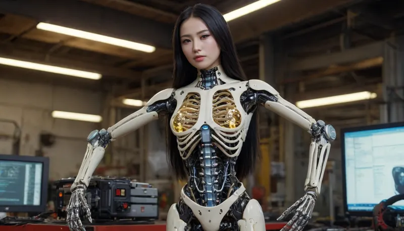 An oriental female AI robot with long black hair. Her glass-like transparent body clearly shows the structure of the internal fluorescent technology mechanical skeleton, parts, organs and equipment. She is holding tools to repair the GTR car engine, (repair engine), (full body photo), niohxlguardiansprt, r4l1bps, woman, ObsidianPlatinum, <lora:niohxlguardiansprt-step00000420:2>, <lora:Rae Lil Black:2>, <lora:293345_training_data:2>