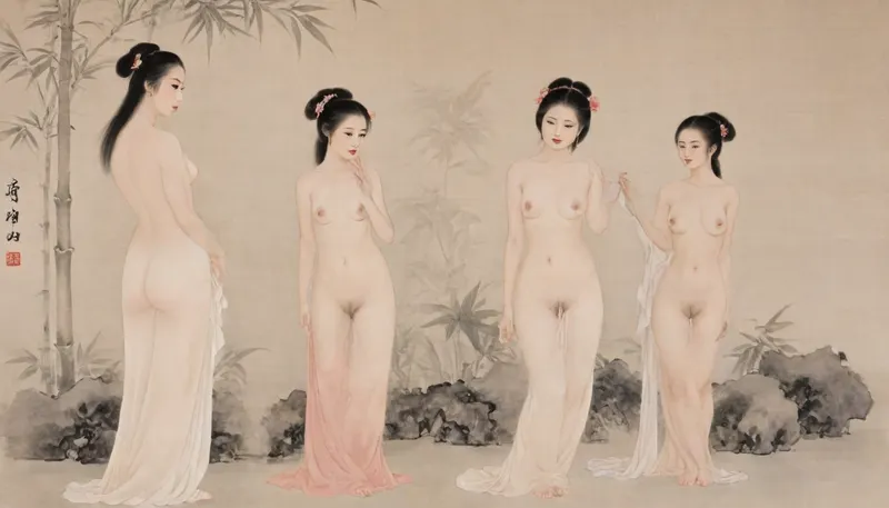 (a group of girls in line:1.2), ancient Chinese female, (nude:1.5), (traditional Chinese gongbi painting style:1.3), (Chinese guohua style:1.2), delicate and intricate details, (elegant pose:1.2), standing gracefully, (long flowing black hair:1.2), (pale smooth skin:1.2), (subtle ink wash shading:1.3), (fine brushwork:1.3), (traditional Chinese art aesthetic:1.2), (minimalist background:1.2), (bamboo and orchid motifs:1.1), (soft muted colors:1.2), (calligraphic elegance:1.1), highres, ultra-detailed, 8k wallpaper, (realistic proportions:1.2), (solo:1.2), lora, (gongbiPainting:.8), (ancientChineseFemale:.6), hanfu, MOGUHUANIAO, <lora:Chinese painting_shinvhua_国画_仕女_V1.0XL:1.9>, <lora:mogu-painting-花鸟篇-sdxl_v1:1.9>