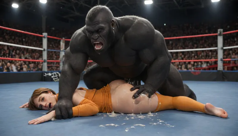 velma dinkley from scooby doo, ripped clothes, fighting in a wrestling ring giant gorilla, yelling, fucked in doggy style by giant gorilla, dick in the ass, cum everywhere, full body view