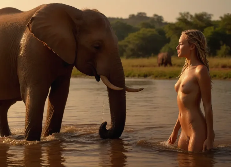 8k uhd, pretty young stark naked deep tanned 18 year old woman gets splashed by an elephant on the shallow shore of an african lake, a gush of water from the elephant's trunk, woman with shaved pussy and narrow waist and very long braided blonde hair, afternoon light, sunbeam from the side, <lora:SDXL_GodPussy_v1:.7>, <lora:attractive_notrigger:.7>, <lora:add-detail-xl:.7>, <lora:Midjourney Image Enhancer XL v1:.7>