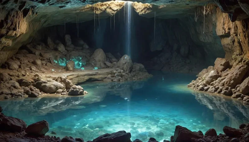Gorgeous cave. Giant and intricate details. Glistening glowing pools of magical water. Bioluminescent crystals clinging to the cave walls. Garmash. Wlop. Guweiz. Oil paint strokes. Surreal. Outlines. Vivid and surreal crystals and magical water., worms, snake, <lora:worms:2>, tentacles, <lora:MS_Real_XL_Tentacles:.8>
