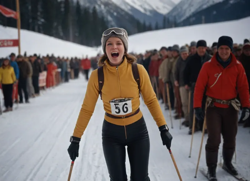 captivating Kodachrome photo, Finish line of 1960s women's Alpine ski race, exhausted but elated female skier crossing line, vintage equipment, (long skis, leather boots, bamboo poles), colorful unziped retro ski outfit slightly disheveled, flushed cheeks, breath visible in cold air, wool hat askew, classic chronometer in foreground, simple wooden finish structure, snow-covered Alpine valley backdrop, spectators in 1960s winter clothing cheering, (blurred background), authentic retro atmosphere, shallow depth of field, focus on skier's expression and finish banner, film grain
