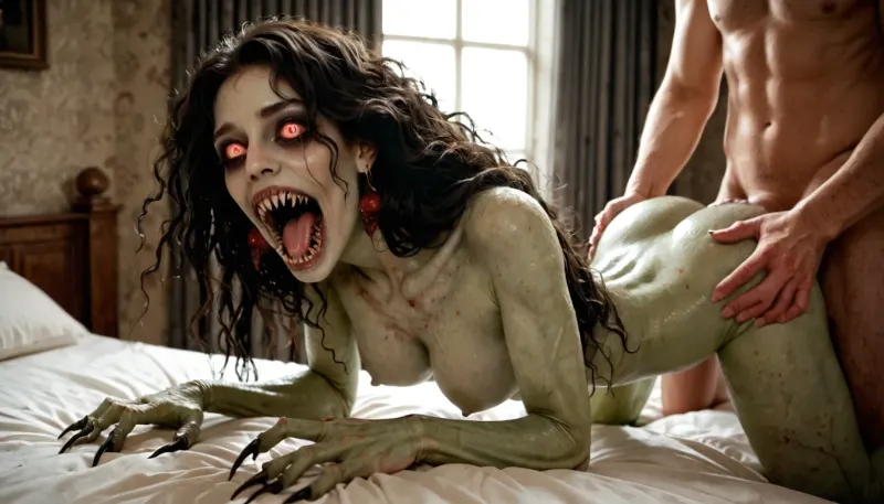 nude, scary, horror, (beautiful), sexy, monster woman, sharp teeth, very long arms, sharp claws, extremely tall, doggystyle sex, normal human penis