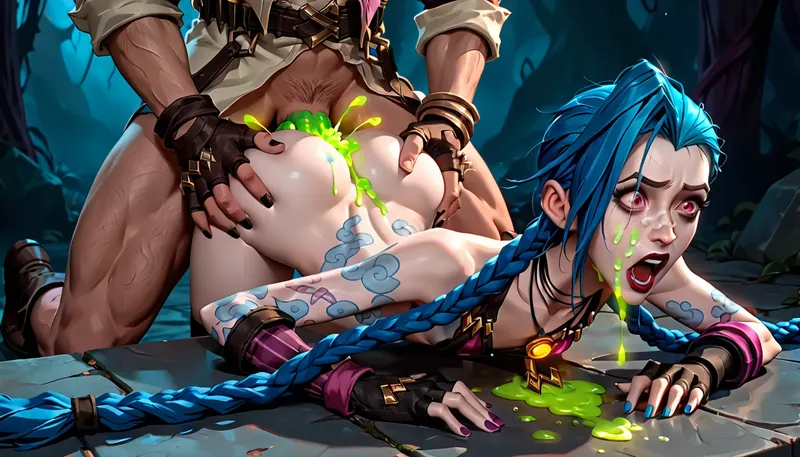 ((((Jinx from league of legends)))), ((shocked)), ((fucked by singed from league of legends)), (((glowing green cum))), (((ass fucked from behind))), ((glowing green cum on face)), arcane, jinx, <lora:jinx:.8>