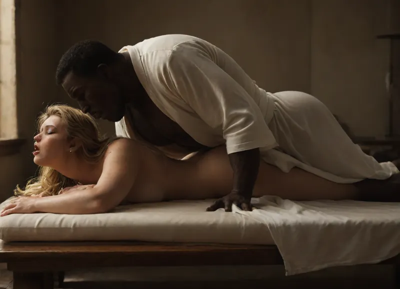 Interracial, hulk size naked black brute, massage table, beautiful face, chubby blonde milf, (prone sex:1.3), (moaning:1.3), wet long hair, award winning, big boobs, orgasmic, (retro amateur:1.4), (pale woman:1.6), ((woman in white robe)), chubby slim, side view, spa, treatment, room, <lora:dark:.5>, <lora:JJsSpa_XL:.5>