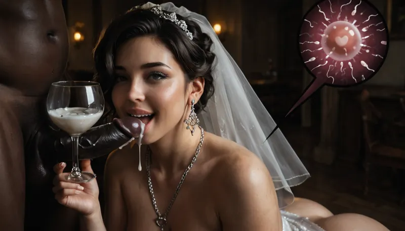 interracial, very large black penis, The happy chubby Persian bride in sexy wedding dress, cum driping bride's chain' cum driping from black penis, drinking sperm from transparent cup, there is glossy and sticky sperm in cup, cup full of sperm, cum swallowing, ((gokkun)), cum dripping from the corners of her lips, ((text on The cup, "BBC Cum")), logo, text, sign, that, says, the, word, <lora:671410_training_data:.8>, <lora:dark:.5>, <lora:texta:1>, <lora:677862_training_data:.8>