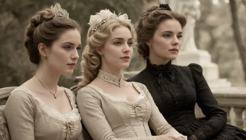 A grayscale, vintage-style portrait of two women. One woman, positioned slightly left of center, is seated, leaning back, her head resting on the lap of the other woman. She has light blonde hair, and appears to be of a young to middle adult age, and fair-skinned. She is dressed in a dark, ornate gown, with lace detailing and frills. She is holding a fan. The second woman, positioned slightly behind and above the first, is wearing a dark jacket, a collared shirt, and a top hat. She also appears to be young to middle adult age, with fair skin. Both women are wearing gloves, suggesting a formal setting. Their facial expressions are soft and slightly melancholic. The setting appears to be an outdoor garden or park, with blurred, out-of-focus trees and foliage in the background. A hand-held fan is prominent. The overall composition is intimate, with a focus on the interaction between the two women. The lighting is diffused, creating soft shadows, and the style is reminiscent of antique photographic prints. The sepia tone and textures give a vintage feel, suggesting an older style of photography. A soft veil is draped around the reclining woman. The perspective is slightly elevated, offering a close-up view of the subjects., AgedSepiaCE, <lora:PhotoAgedSepia01-00_CE_SDXL_128OT:.8>