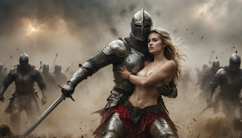 Full-body view of a skinny, flat-chested, sexy blonde noblewoman, after a bloody battle, fucking gratefully knight who saved her life. Her elegant clothing is torn from battle, and drenched in sweat, she has passionate, grateful, and devoted sex with her savior. Sex with a proud knight in armor, but without a helmet., (Passionate Sex:1.7), . Various sexual positions with an attractive knight against the backdrop of a detailed battlefield that disappears into the blur. Perfect face, perfect hands. It's a late summer afternoon. The sun is low, illuminating the scene from behind. Sunbeams refract beautifully over the battlefield. Orgasm, satisfied, gratified, smiling. The focus is on the couple. The entire image is technically designed to create a dramatic atmosphere in contrast to the battle. DonM1uth3rXL, sunlight_str1, cloudy, smoke, atmospheric, clouds, fog, <lora:tbh71-sdxl:1.1>, <lora:sunlight_str1-SDXL_v1-dim64-steps1691:.8>, <lora:crowd_notrigger:.6>, <lora:Cloudy_Style:.8>, Black, and, white, art, black, pencil, shading, charcoal, drawing, toned, paper, brutal, dark, b/w, color, scheme, <lora:Black and white art.V1:.8>