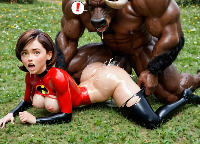 helen parr, elastigirl, the incredibles costume, fucked by minotaur, fucked from behind, split sex, vaginal sex, sex, creampie, impregnation, wide eyes, one knee on grass, one hand on grass, one leg above head, one hand trying to push minotaur away, cum everywhere, oiled body, motion lines, drooling, exclamation mark, lot of cum, bouncing breast line, tight clothes, ripped clothes, ripped clothes at breasts, ripped clothes at ass, ripped clothes at vagina, nipples visible, vagina visible, wasp waist