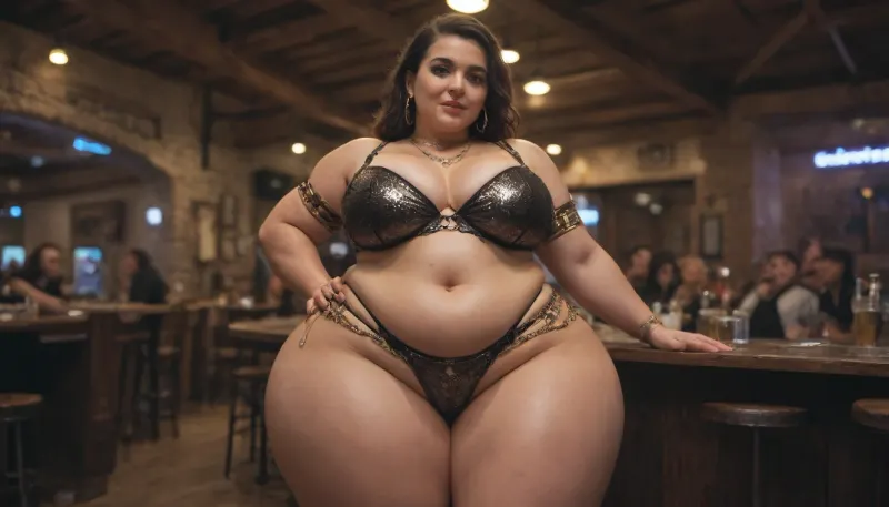 Fat woman, massive ass, thick woman, (the woman is wearing rave clothes:1.4), hyper hips, thick hips, thick thighs, overweight woman, thicc woman, in a tavern full of adventurers, the woman is thick and fat and chubby and chunky and thicc, a huge thicc fat woman