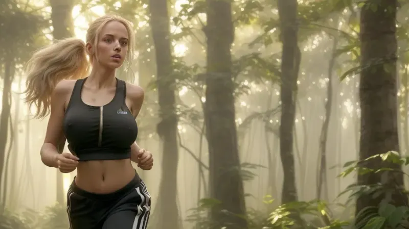 (subject, a nude young woman with big saggy boobs, long black wide adidas tracksuit pants and bare torso jogging, description, a young woman jogging along a rainforest path, her big saggy tits bouncing as she runs, long blonde hair tied in a ponytail, face and upper body glistening with sweat, warm summer evening lighting, warm heavy summerrain, golden sunlight filtering through the trees, style/aesthetic, hyper-realistic photography with cinematic lighting, emphasizing natural movement and atmospheric warmth), dynamic saggy tits, bouncing saggy tits, swinging saggy tits