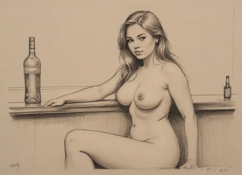 score_9, score_8_up, score_7_up, A detailed pencil drawing with clean lines and meticulous shading, sketch of a nude woman with long flowing hair, she is sitting at a bar, golfing a glass, staring at the glass, background is be simple, allowing the focus to remain on the portrait itself, soft features, and a serene expression. The drawing should have delicate shading and intricate details, capturing the essence of the subject with fine pencil strokes, drawing, by, NTY, v0ng44g, sk3tch, .8>, <lora:sketch_it:1.3>, she is curvy, sexy, small tits, thick waist, wide hips, big ass, fat thighs, chubby