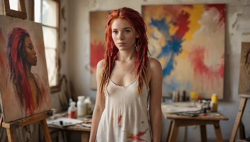 Full body view of a beautiful interracial couple in a cluttered semi-professional painting studio. The female artist paints an oil painting of her male model, works with brushes in hand at the easel with the model's painted image. The sexy, slender female artist resembles a red-haired hippie woman and exudes self-confidence and sexual openness. She wears hippie-like yet sexy clothing, a summery dress, a colorful top, and a headband, (bright red hair:1.5), . She has a perfect face, striking Nordic features, realistic skin, and a quiet smile. Her nude model is a well-built black man with long, black hair, (dreadlocks:1.6), (ultra-black skin:1.6), (huge cock:1.6), . The atmosphere is noticeably aroused. The artist is very horny for her model. Her bent-over posture and every fiber of her body signal "fuck me." Perfect faces, perfect hands, perfect eyes. Surrounded by a very chaotic semi-professional studio, painted self-portraits on the walls, many tubes of paint and brushes, all sorts of art supplies on the wooden work table, paintings on the walls. Chaotic, late summer afternoon, strong side lighting, the warm sunlight shines brightly through the window and breaks through the dusty studio. cloudy, smoke, atmospheric, clouds, fog, sunlight_str1, <lora:MJ52:1.2>, <lora:Cloudy_Style:.6>, <lora:sunlight_str1-SDXL_v1-dim64-steps1691:.7>, <lora:281928_training_data:.5>, elven, architecture, <lora:EnvyElvishArchitectureXL01:.8>