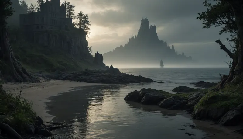 The scene is made on the ocean shore with vegetation in the style of dark fantasy-a dystopia with a very detailed and atmospheric environment. The world in the water is magically infected with glowing anomalies, perverted nature, and the remnants of vanished civilizations. The light is unnatural, casting eerie shadows. The art style combines elements of medieval fantasy.