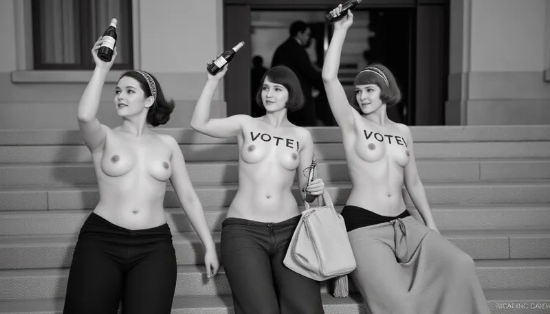 A captivating black-and-white image featuring three women in the 1920s, standing on the stairs outside the city hall. They are all holding up a bottle wine, showcasing various styles of skirts typical of the era, Their upper bodies are naked. Text painted on their breasts in giant letters "VOTE!". The composition is balanced, they are lined up in a diagonal fashion, creating a dynamic visual flow. The light source appears soft and diffused, enhancing the nostalgic mood while casting gentle shadows that accentuate their facial features and outfits. Each woman exhibits different poses and expressions, emphasizing camaraderie and joy. The first woman's short bob hairstyle contrasts with the more ornate headpiece of the second. The lighting highlights the smooth textures of the fabrics and brings attention to their accessories, such as handbags and decorative hairbands. There is a harmonious blend of elegance and casual charm, evoking a sense of carefree enjoyment. The scene is rich in detail, inviting viewers to appreciate the personalities captured within this moment. shot on Canon EOS 5D Mark IV, 85mm lens, Deep focus, (f/11), everything in sharp detail, Studio lighting with softbox, no harsh shadows, full body shot, 1930, style, <lora:1930 style v1:1.2>