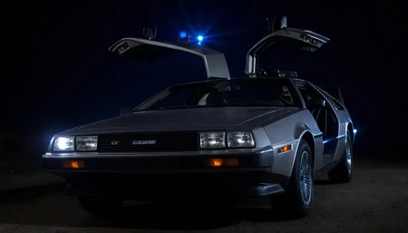 DeLorean from BTTF, (Back to the Future), Night, Dark Sky, Road in Desert, Real Road, Lights of DeLorean, (Travel Time Effects, Driving to 88mph, Driving Effects, Blue Lights on Components Located on the Side of the DeLorean, ((Blue Flash, Blue Flashes from the DeLorean, Blue Fire Flashes from the DeLorean, Lightning Flashes all Around the DeLorean))), Doors Closed, Marty McFly Sits in the DeLorean and Drives it, Side View from Below, <lora:dark:.5>