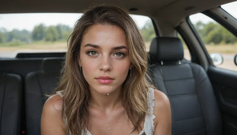 amazing quality, 8k, raw style, 20 years old Slovenian skinny supermodel hiker, hiker bag, torn clothes, sweaty, brown eyes, dark blonde long hair, horny expression, in backseat of a car, Aaton LTR style shot, iridescent lighting, divine iridescent glowing, ultra details, torn, fly, down, _______, facial, expression, <lora:tornclothesv6-8:.5>, <lora:Expressions XL:.5>, cum on her face
