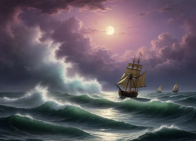 The painting is in the style of the Russian artist Ivan Konstantinovich Aivazovsky.The painting depicts a night storm at sea, in which a sailing ship got caught.

Huge waves surging over the raging sea occupy most of the picture. A small boat is struggling to withstand the powerful onslaught of the waves.

Clouds are rushing across the sky. The moon is visible between them, the cold and indifferent light of which illuminates the raging sea element, [1], .

While working on the painting, Aivazovsky used a unique combination of bright golden colors with dark, lilac-purple shades, which further emphasized the extraordinary beauty of the formidable and terrible elements. The stream of moonlight picks out huge ferocious waves from the darkness, throwing a thin web of golden light over them. It seems to the viewer that the full, bright moon broke through the veil of thick clouds in order to illuminate the terrible and beautiful game of the stormy sea.

The sailboat seems alien in the midst of the frenzied dancing of the waves. It seems that he uninvited intrudes into the pristine beauty of the raging sea and sky. The boat is unsuccessfully trying to escape from this beautiful trap, which seeks to crush and destroy, painted in the so-called oriental taste.
