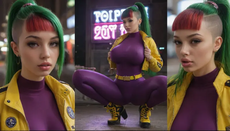dark neon city background, extra bright purple neon lights, beautiful 18 year old fit girl, lemon yellow sports bomber jacket, ((bimbo)), (((long green hair in high ponytail))), glossy purple high cut bodysuit, (((tight fitting glossy red high cut bodysuit))), (((close full-body view))), huge breasts, (((huge breasts:1))), large erected nipples poking under the suit, (slim:1.4), (tall:1.3), ultra realistic face, natural eyes, small nose, photorealistic, masterpiece, ultra detailed face, tongue licking the lips, (small waist:1.3), choker, tattoos on the arms, puffy pussy, yellow army boots, cameltoe, sexy pose, flirting, black and white striped knee socks, squatting, (long legs:1.3), legs wide spread, yellow leather waist belt, silver arm-long gloves, hands queeze breasts