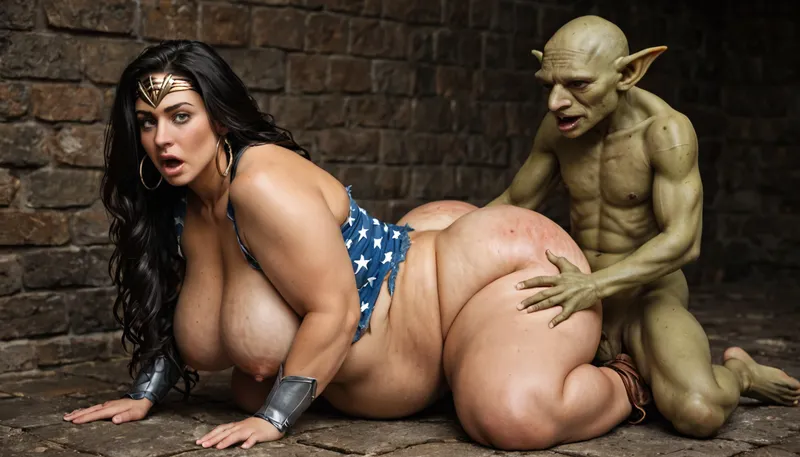 multiple goblins- little, pervert, very skinny, goblins with tiny cocks groping and fingering a tall, Incredibly beautiful, extreme fat, obese, stretch marks, love handles, overfed belly, wobbly fat ass, severe cellulite, chubby, fat, round face with a double chin, ssbbw MILF, (woner woman), . goblins groping and fingering the fat Sexy MILF in the dungeon, -arms tied, She is dreesed as wonder woman, (torn clothes), . She has Natural, excessively drooping breasts. Full lips, detailed eyes, very long dark staight black hair. She has a big, fat belly with folds of fat
background is in a old, devasteded medieval dungeon
show one, shocked, obese ssbbw wonder woman and the skinny little goblins together !!!, Goblin, Mage, Warrior, Shaman, Assassin, fighter, monster, creature, <lora:655889_training_data:.8>, -always together with the horny, little goblins !!!
fat, shocked ssbbw wonder woman gets her big, sagging belly hard and brutally deep grabbed by the pervert little goblins from behind
close up
shocked wonder woman more fat-ssbbw !!!