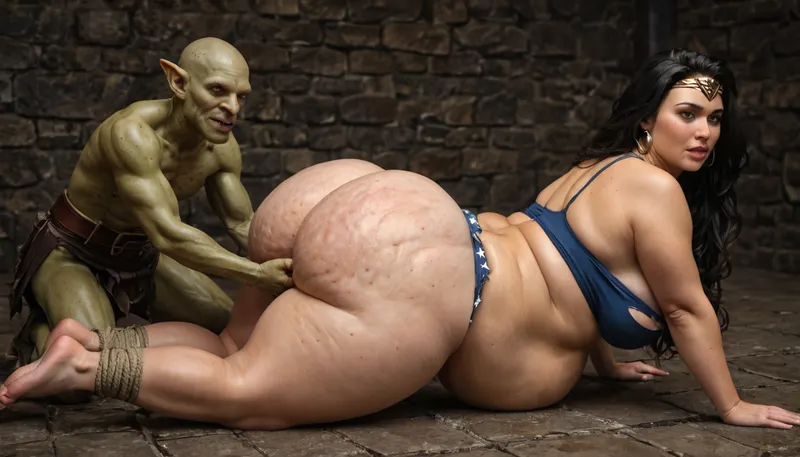 multiple goblins- little, pervert, very skinny, goblins with small cocks groping and fingering a tall, Incredibly beautiful, extreme fat, obese, stretch marks, love handles, overfed belly, wobbly fat ass, severe cellulite, chubby, fat, round face with a double chin, ssbbw MILF, (woner woman), . goblins groping and fingering the fat Sexy MILF in the dungeon, -arms tied, She is dreesed as wonder woman, (torn clothes), . She has Natural, excessively drooping breasts. Full lips, detailed eyes, very long dark staight black hair. She has a big, fat belly with folds of fat
background is in a old, devasteded medieval dungeon
show one extreme fat, obese ssbbw wonder woman and the skinny little goblins together !!!, Goblin, Mage, Warrior, Shaman, Assassin, fighter, monster, creature, <lora:655889_training_data:.8>, -always together with the horny, little goblins !!!
side view-spit roast-double penetration