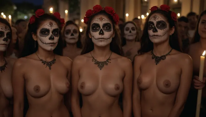 Multiple women, Group of Busty naked Mexican women next to eachother in a public square with catrina face painting, no clothes, D14, D3, L0s, Mu3rt0s, female, painted, skull, roses, candles, panoramic view, full body view, capturing full group, masterpiece, 32k, very detailed, atmospheric lighting, perfect lighting, perfect centered, ultra realistic, phitorealisn, perfect anatomy, peferct teeth, perfect eyes, realistic skin structure, <lora:Día_De_Los_Muertos:1.5>