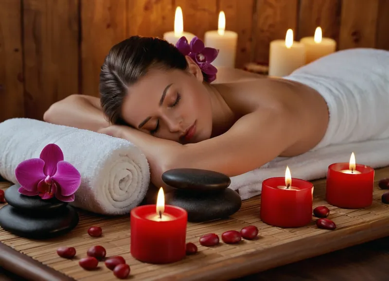 A woman is relaxing face down on a spa treatment bed, surrounded by various spa elements like candles, an orchid, and hot stones. The image shows a woman lying face down, likely on a massage or spa table, with her eyes closed, suggesting a state of relaxation. She appears to be topless, covered partially by a brown towel draped over her lower back and legs, while her upper back and shoulders are exposed. Her hair is pulled back, revealing her ear and neck. Her arms are bent at the elbows, and her hands are positioned under her head, resting on a white towel that lies on a light-colored, woven mat. To her right, a collection of spa items are arranged. There are three lit candles of varying sizes, two red and one brown, some with textured surfaces or embedded elements like what appears to be coffee beans. Behind the candles, a decorative branch with vibrant red artificial flowers or berries adds a pop of color against a wooden background. Closer to the foreground, on the woven mat, there is a small brown bowl containing a purple liquid or cream, and a stack of smooth, black hot stones. Beside these, a dark, boat-shaped dish holds potpourri or dried decorative elements, including reddish-orange bundles and what look like dried citrus slices. In the bottom left corner, a stem of light pink and cream-colored orchids with hints of orange and red adds a natural, delicate touch. The background features a warm, textured wooden wall. The overall atmosphere of the picture is serene, calm, and luxurious, evoking a sense of well-being and relaxation typically associated with a spa environment, DRSL camera, 8k ultra HD, hinaigirl, large, breasts, boobs, tits, <lora:SDXLHighDetail_v6-000005:.8>, <lora:MaybeBetterFaceInFullBodyLora_XL_rev3:.8>, <lora:bombshell_v2:.8>, <lora:681678_training_data:.8>, <lora:add-detail-xl:1.8>