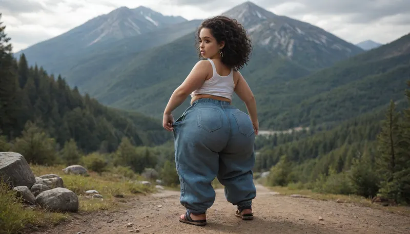 woman, (shortstack:.5), fatass, dumptruck ass, dumptruck fatass, hiking on a mountain trail, massive legs, (wearing baggy pants:1.4)