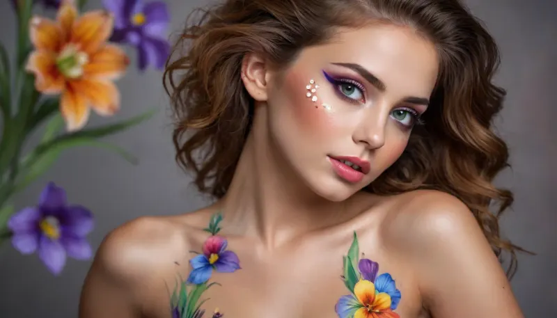 A beautiful slender woman with a full body-painting of colorful flowers, She is in a professional photo studio, style, colorful, pretty coquettish face, large beautiful crystal eyes, light glowing irises, heartshaped lips, lip gloss, freckles, olive skin, aroused skin, view from half back side. #©KITTYART























#©KITTYART
