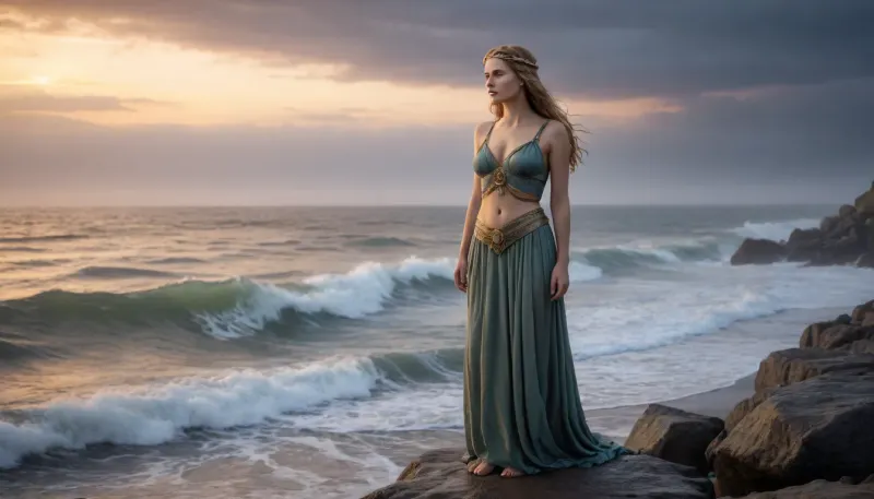 A illustration of the Germanic goddess Nehalenia. She stands on a shore by the sea, awaiting the unfailing return of the warriors. She is the ruler of the ocean and the storm. sunrise, fog, stormy weather, long shadows, dreamy mood, detailed photo, photorealistic photo, realistic pretty women photo, distorted perspective, night vision, soft fokus, overexposure, parallax, #©KITTYART