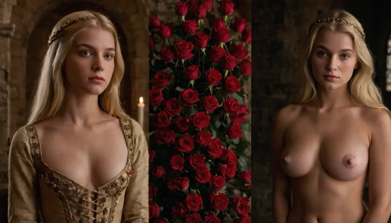 side-by-side two pictures of a young medieval courtesan, petite, blonde hair, onoff.
On the first picture on the left she stands in front of a, (tower covered in roses), wearing a simple medieval dress.
On the second picture on the right she stands in front of the same tower, but is, (naked, nude), ., onoff, <lora:OnoffXL_ExtraCrispy:.8>