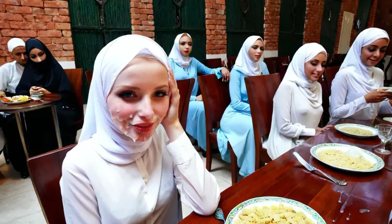 Ramadan table, hijab girls, pale skin, cum covered face, <lora:detailed_notrigger:.5>