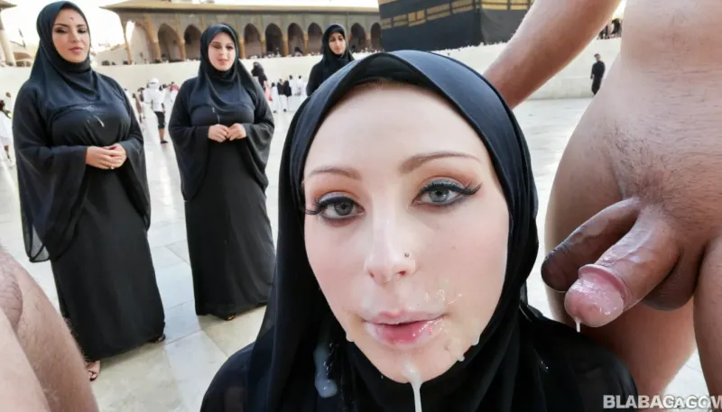 8k, high resolution, group photo, wearing transperent hijab, piercing, tattoed, in front of kaaba, realistic face, pale skin, cum on face, cum covered hijab, <lora:JustCum:1>