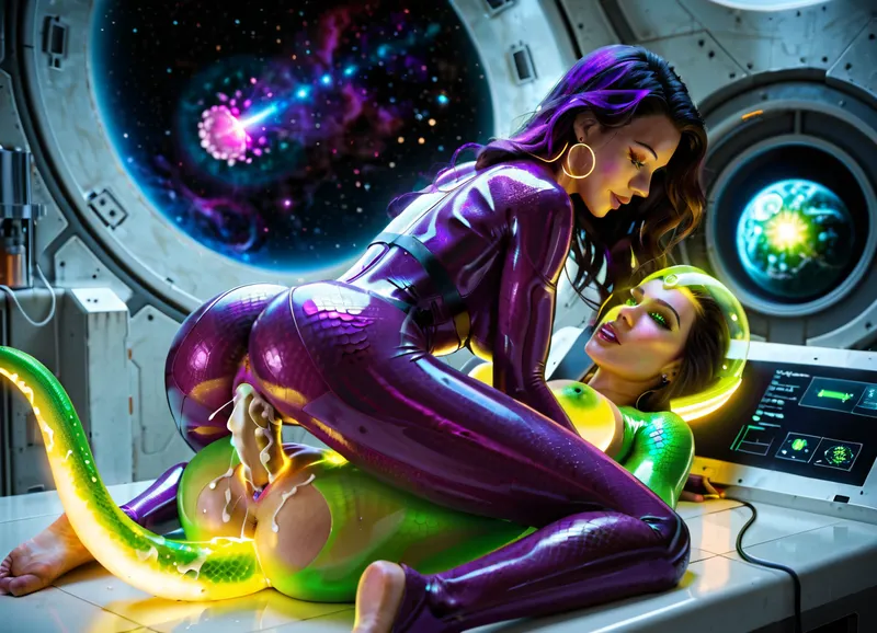 two space color futanari, purple mini futa, green huge futa, space, alien, transgender futa, futanari, skinny futa, thin futa, slender fit ass, athletic legs, vagina under a dick, have sex, in a space shower laboratory. green slime on the wall and on the floor. Their skin is covered with scales. 18 year old. Cute faces, no clothes. Long beautiful legs. There are claws on his hands. Wet. There are many different planets in the window, galaxies, a quasar, spaceship. Lots of colorful thick cum. A huge cock with veins, ass sex, missionary, cumming on ass, cum on back, cum on flor, distance photo, 8k, UHD. super quality, detailed face, futanari missionary sex on a cosmic shower on ship, detailed legs, futa fuck futa, futanari sex, futa porno, cosmic dick. purple skin tone, blue vagina, used vagina, use ass, a young face, a sweet face, glowing eyes, glowing growths on the body, double sex, glowing dick, glowing tits, glowing vagina, glowing cum, glowing sperm, glowing boobs, Skin-tight sexy full-body space alien glows costume, transparent glows clothing, young face, fiery cum, cum glows, glows mucus on the surface, glows hair, glows body implant, glow clothes, scales, scales on the skin, glow dragon's tail, glow reptile's tail, glow body, young, space glow helmet, glow helmet of the future, glow steampunk body, realistic face, super real face, super detailed face, beautiful face